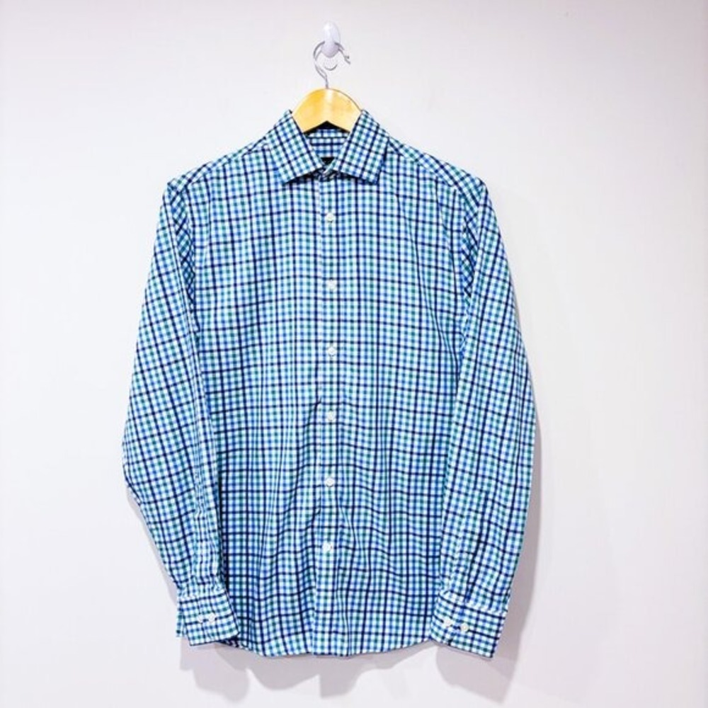 TOMMY HILFIGER Blue Green Gingham Slim Fit Button Front Shirt Small